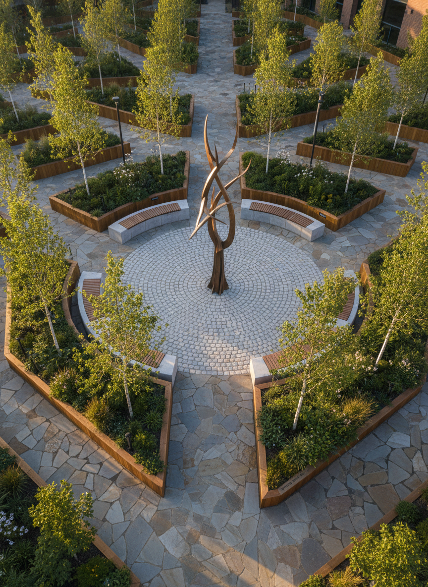 An elevated view of a carefully maintained secondary school courtyard inspired by a forest clearing, with winding stone paths weaving between clusters of young trees, shrubs, and raised planter boxes filled with native plants. In the center, a circular paved area contains a large metal sculpture of an abstract tree reaching upward, finished in brushed bronze. Benches of smooth wood and concrete ring the space, inviting quiet reflection. Late afternoon golden-hour sunlight filters through the leaves, creating dappled patterns of light and shadow across the ground. The photographic composition uses a wide-angle lens with sharp focus and balanced framing, conveying a tranquil yet aspirational mood. The overall effect is professional and uplifting, symbolizing the school’s motto of growing tall and thinking big through connection with nature and thoughtful design.
