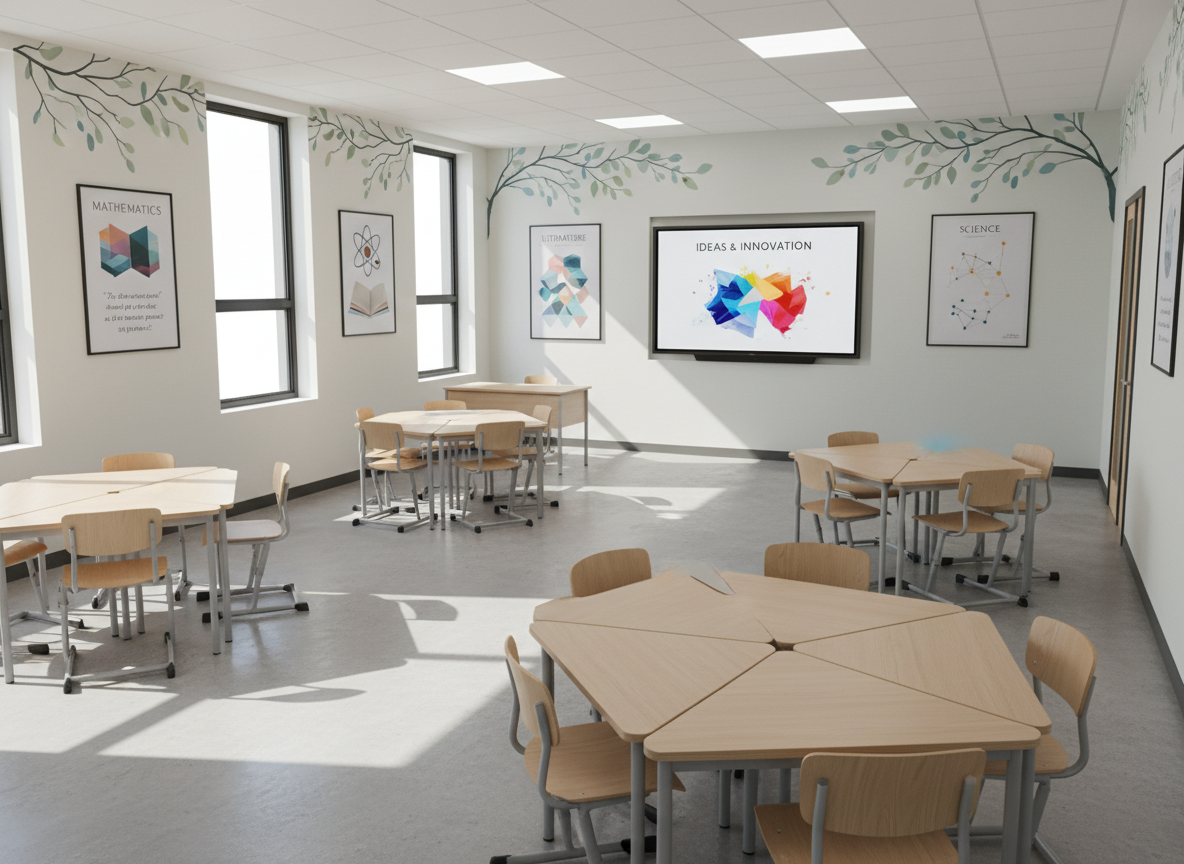 A modern secondary school classroom designed for collaborative learning, with sleek light-wood desks grouped in clusters facing a large interactive digital screen mounted on a matte white wall. On the walls, tasteful academic posters about mathematics, literature, and science are arranged in a balanced, uncluttered way, while a subtle mural of stylized tree branches runs along the top border, symbolizing growth. Sunlight from wide side windows casts soft, diagonal beams across the pale gray floor, creating gentle, dynamic shadows. Photographed from the back corner at a slightly elevated angle, the composition emphasizes symmetry and openness. The style is bright, photographic realism with a clean, professional atmosphere, showing an environment where secondary students are encouraged to think ambitiously and work together, all without any people present.