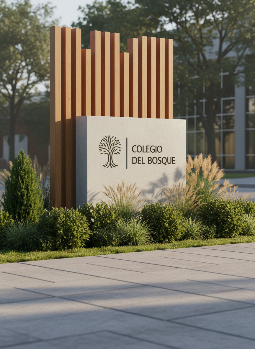 A contemporary school entrance monument sign for “Colegio del Bosque,” built from smooth light-gray stone and vertical slats of warm natural wood that suggest tree trunks. The school name is carved in crisp, dark lettering beneath a subtle tree-inspired emblem. Surrounding the sign is a carefully landscaped garden of low evergreen shrubs and native grasses, evoking a small urban forest. Photographed in soft morning sunlight, with gentle highlights on the stone edges and long, graceful shadows across the walkway. Captured at eye level with photographic realism, the composition follows the rule of thirds and keeps the background softly blurred, creating a professional, welcoming atmosphere that communicates growth, aspiration, and academic seriousness without any human presence.