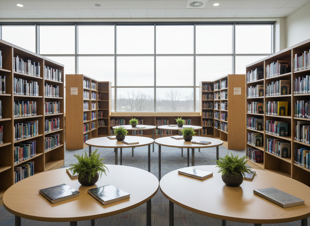 A serene, well-lit secondary school library interior with tall wooden bookshelves in warm oak tones, filled with neatly arranged books in rich, varied colors. In the center stands a circular study area of pale wood tables, each with a small potted plant reminiscent of forest undergrowth and a few neatly stacked textbooks and notebooks. Large floor-to-ceiling windows reveal the soft silhouettes of distant trees, with overcast daylight creating an even, diffused glow and minimal shadows. Shot from a slightly elevated angle with a wide lens, everything is in crisp focus. The atmosphere is calm, intellectual, and aspirational, rendered in clean photographic realism, evoking a place where students can grow tall in knowledge and think expansively in a quiet, professional setting.