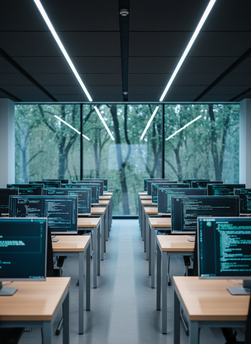 A dedicated secondary school technology lab with rows of slim, high-resolution monitors on pale wood desks, each screen displaying clean, abstract code and circuit diagrams in cool blues and greens. The room features dark acoustic ceiling panels and subtle LED strip lighting running along the edges, casting a modern, focused glow. A glass wall at the far end reveals a glimpse of tall trees outside, slightly blurred, reinforcing the connection to the “Bosque.” Shot from an eye-level perspective looking down the central aisle, the lines of desks lead the eye toward the glass wall. The image is rendered in sharp photographic realism with a cool, professional color palette, creating an atmosphere of innovation, ambition, and thoughtful technological growth without any human figures.