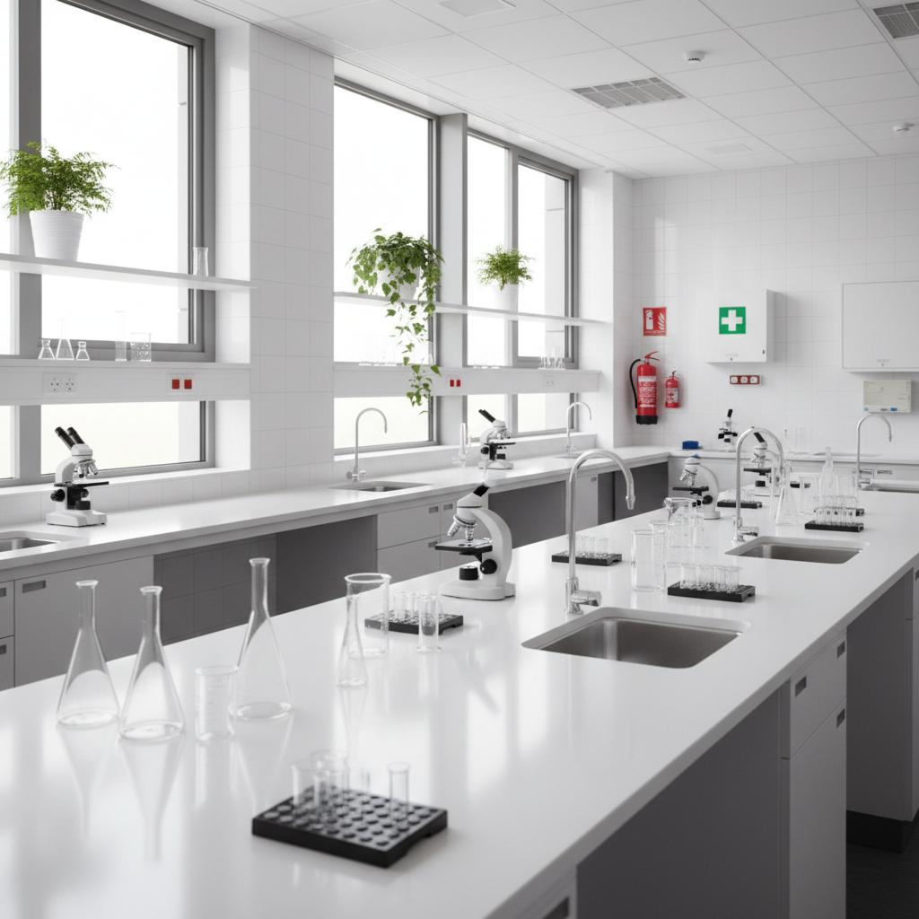 A bright, meticulously organized secondary school science lab featuring long white workbenches topped with neat rows of glass beakers, microscopes, and labeled specimen trays. The surfaces are spotless, with stainless-steel sinks and clearly marked safety equipment on the walls. Tall windows along one side let in diffused daylight, creating soft reflections on the polished countertops and glints of light on the glassware. The camera is set at an eye-level angle with sharp focus throughout, emphasizing clarity and order. Subtle green plants on high shelves introduce the feeling of a living forest. The mood is professional, focused, and full of potential discovery, captured in clean, modern photographic realism that underlines the idea of thinking big through scientific exploration.