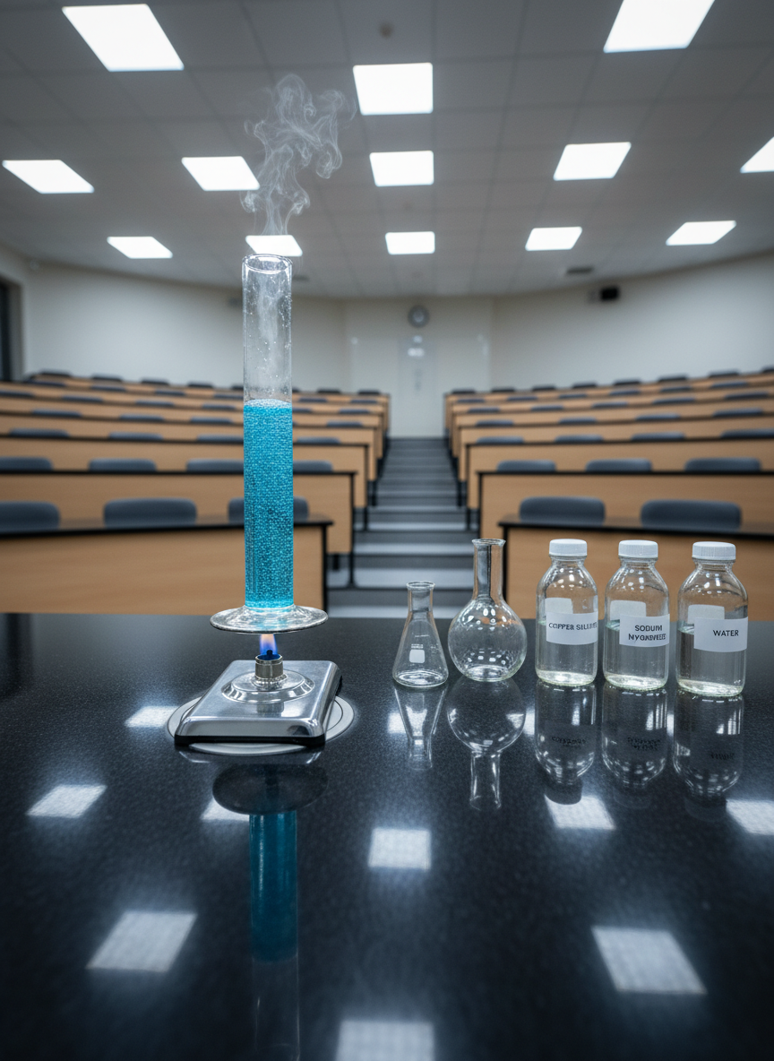 A polished secondary school chemistry demonstration table at the front of an amphitheater-style classroom, featuring a single tall glass cylinder where a safe, vivid blue reaction is gently bubbling over a sleek, modern Bunsen burner. The table is black stone with a subtle matte finish, perfectly clean, with neatly aligned glass flasks and labeled reagent bottles arranged to the side. Tiered wooden desks curve around the space in the background, softly out of focus. Overhead, cool-white LED panel lighting evenly illuminates the scene, creating crisp reflections in the glassware without harsh glare. Captured from a low, slightly off-center angle in precise photographic realism, the mood is serious yet full of wonder, emphasizing rigorous science education and the excitement of discovery at the secondary level.
