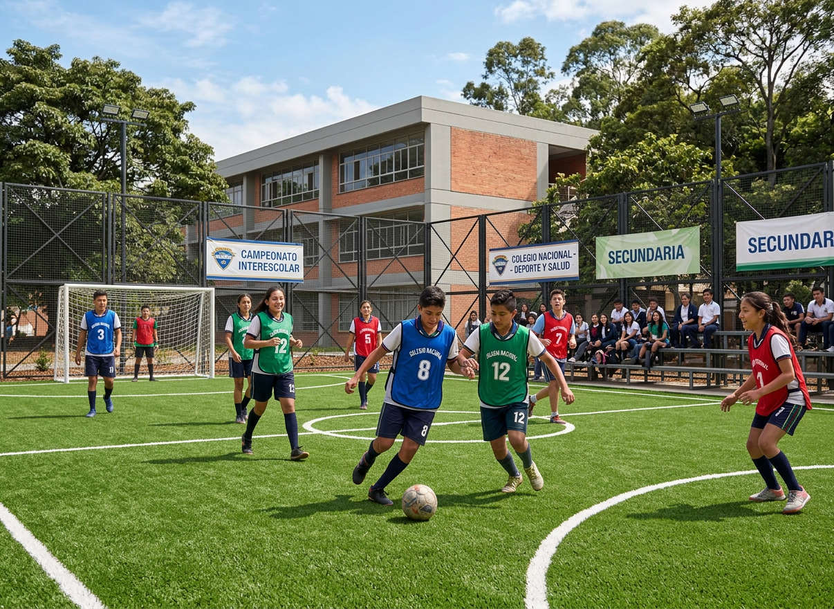 High school students playing soccer on an outdoor court with spectators