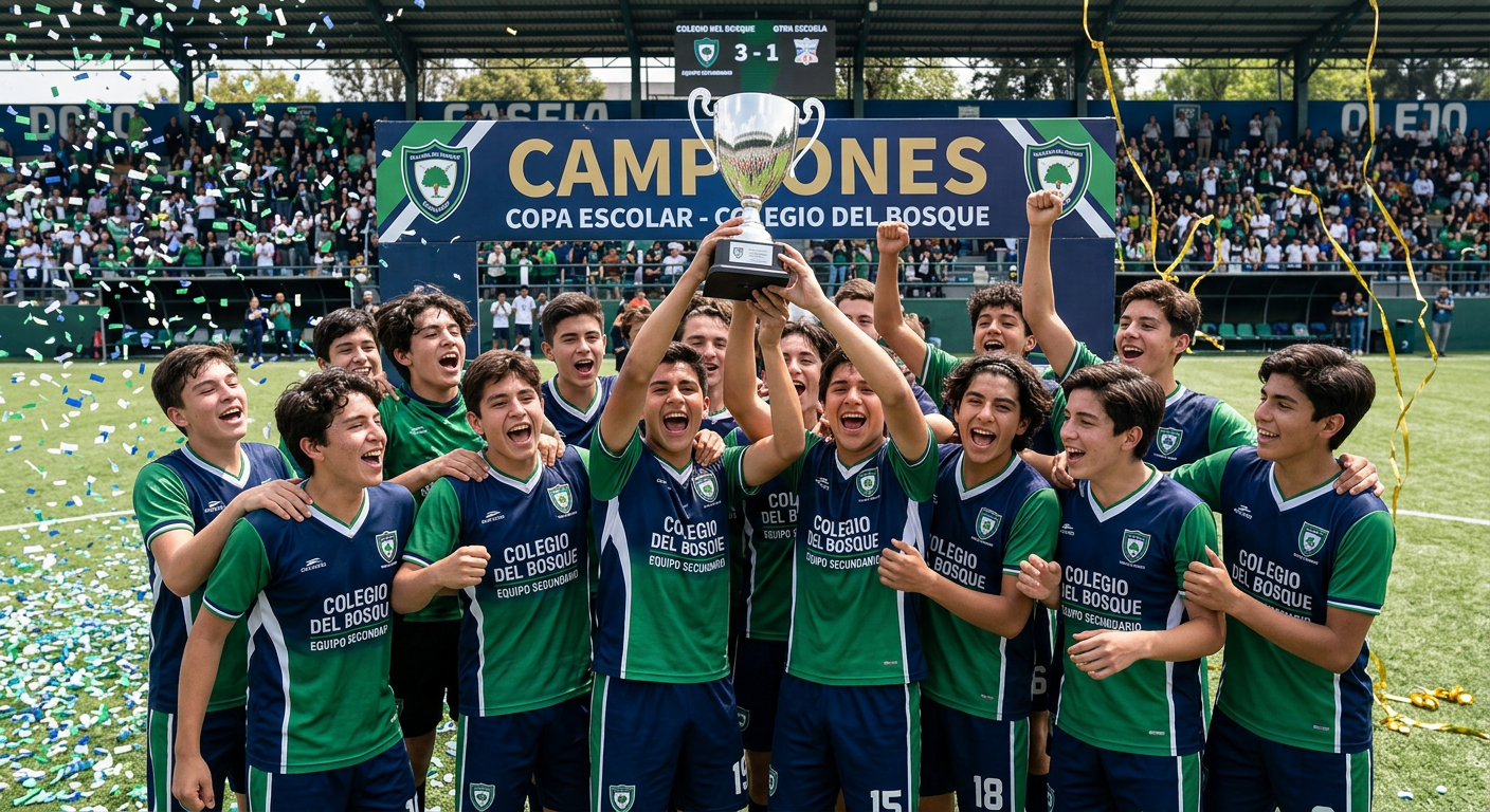 High school soccer team from Colegio del Bosque holding trophy and cheering on field