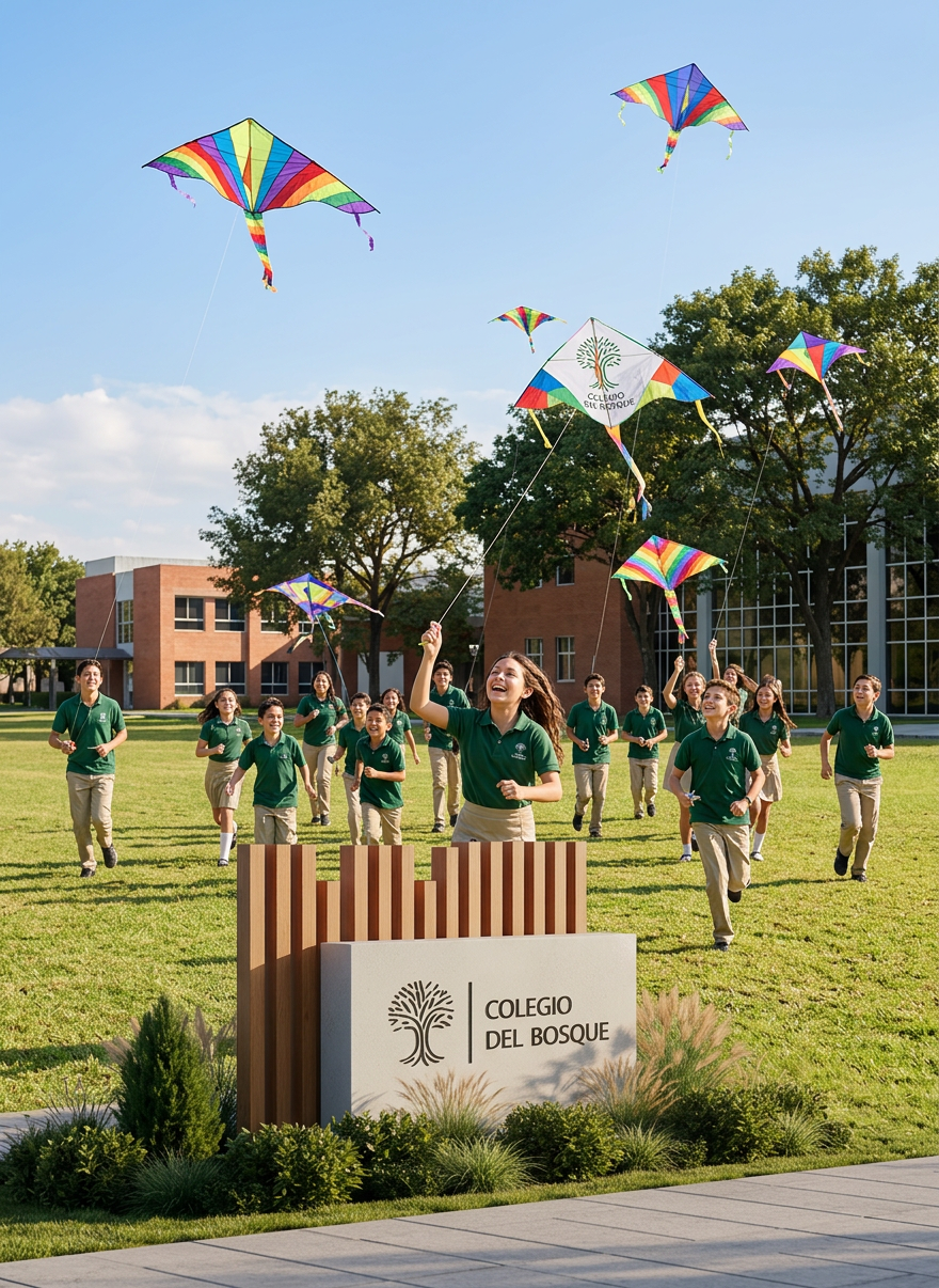 Students in green uniforms flying colorful kites on school grounds