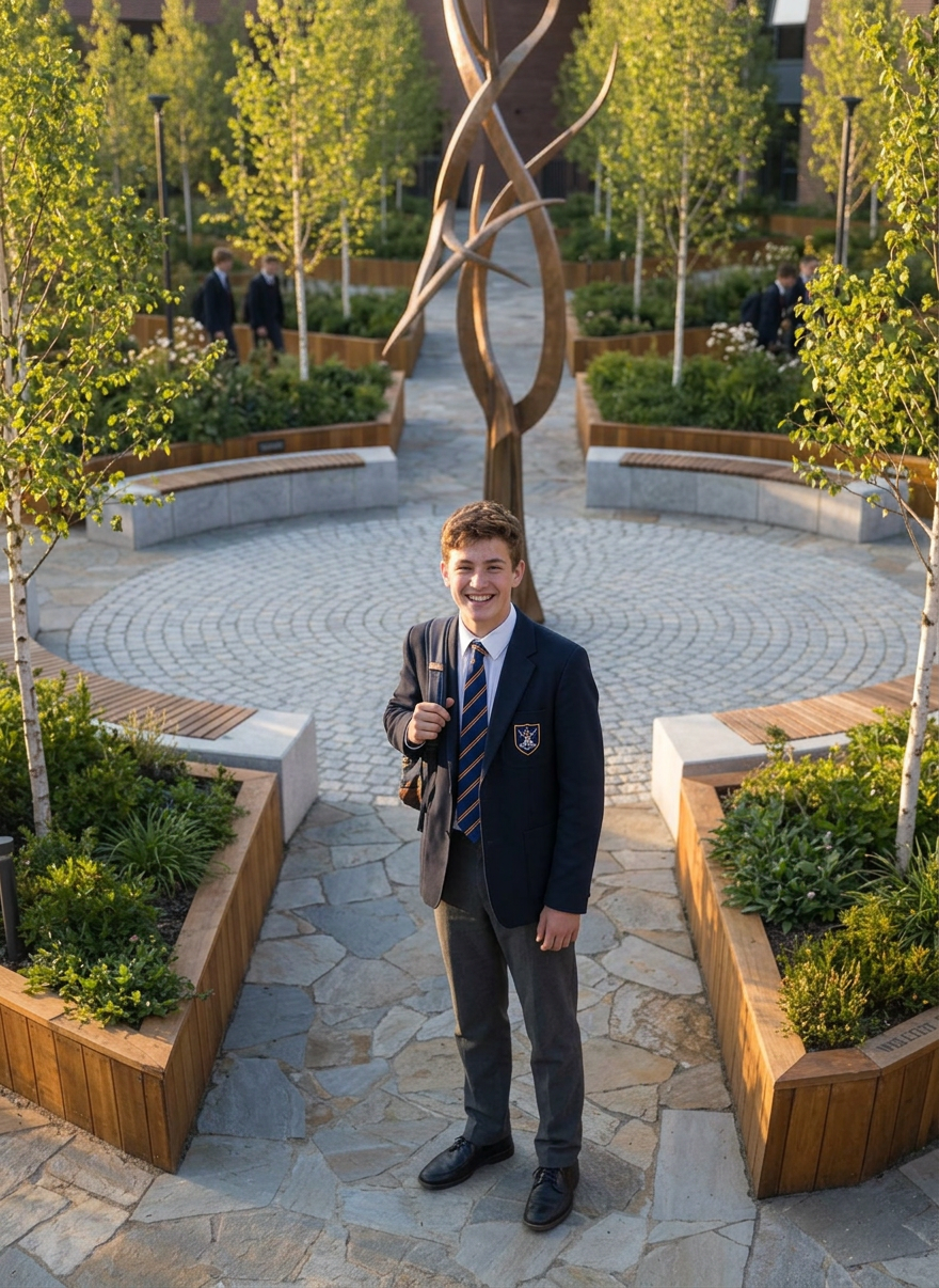 Smiling student in school uniform standing in a landscaped courtyard with trees and sculpture