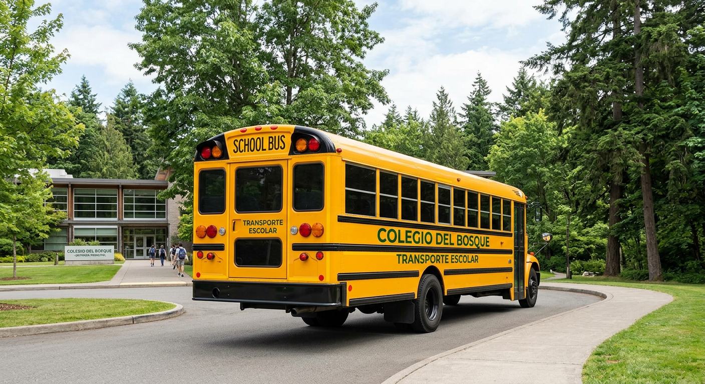 School bus outside Colegio del Bosque Yellow school bus with Colegio del Bosque signage parked near school entrance with students walking