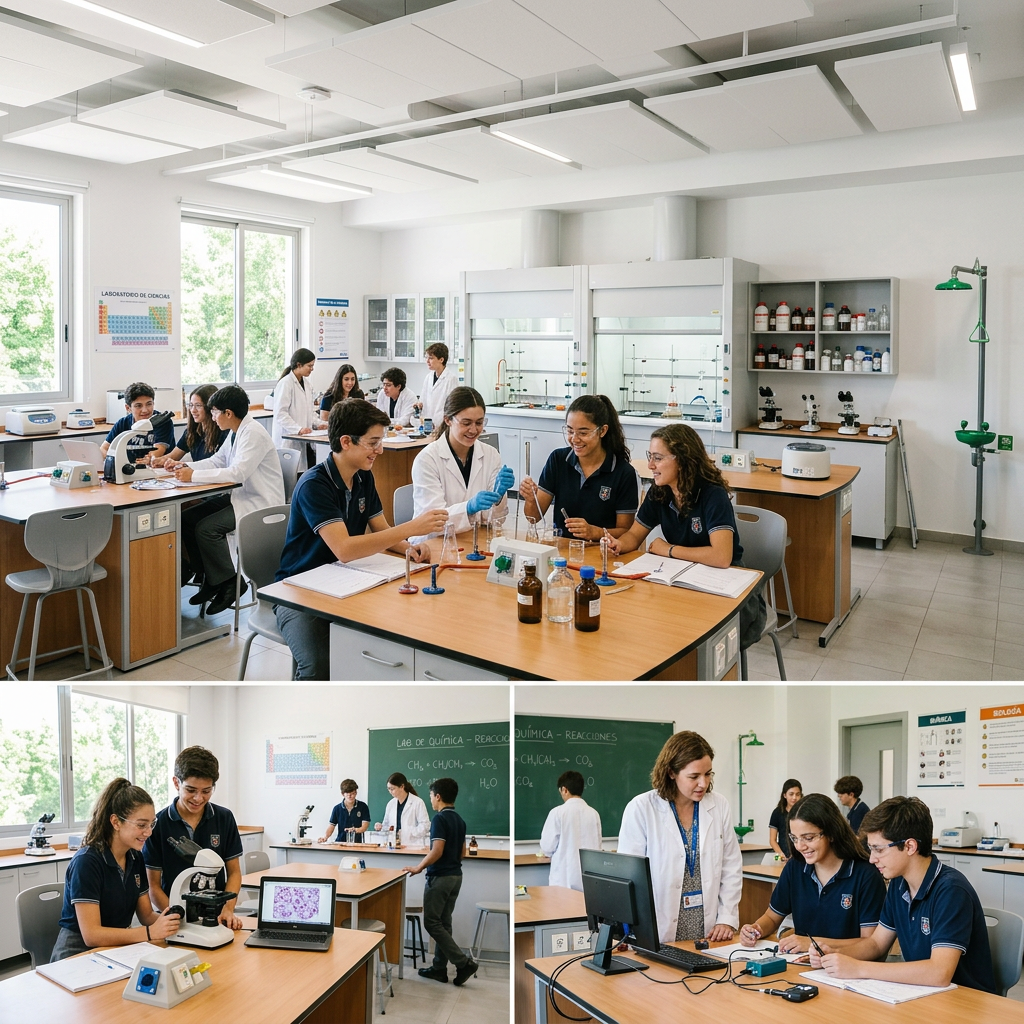 High school students in school uniforms conducting chemistry experiments and using microscopes in a science lab