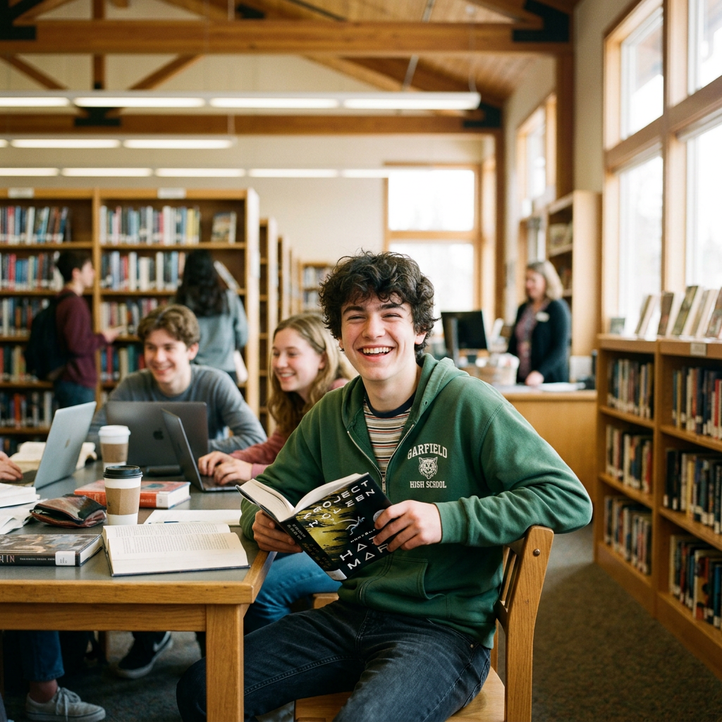 Group of high school students studying and reading books in a library